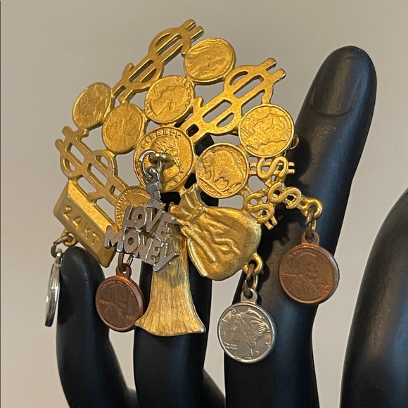 Vintage Gold-Tone Money Tree Dangling Charm Brooch - Picture 4 of 9